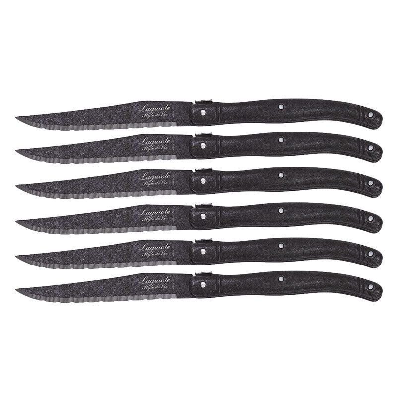 015-30392-laguiole-steak-knives-stonewash-black LAGUIOLE STEAK KNIVES 1.8MM ON BLOCK STONEWASH X6 - Image 1